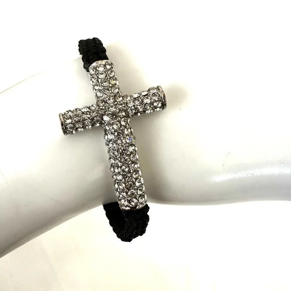 Rhinestone cross black cord adjustable bracelet